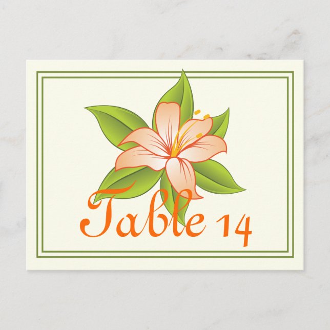 Postal número de tabla de boda de lirio verde naranja (Anverso)