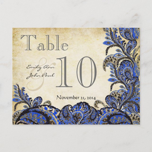 Postal Número de tabla de Boda de Navy Gold Paisley (Anverso)