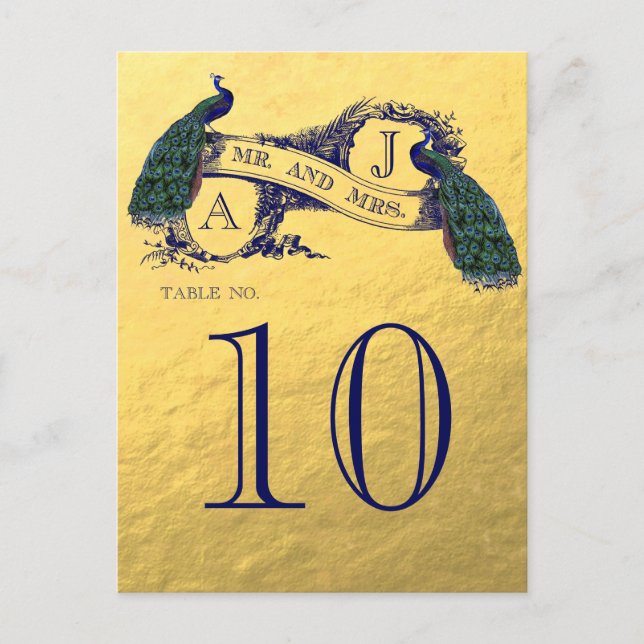 Postal Número de tabla de Boda de pavo real de oro (Anverso)
