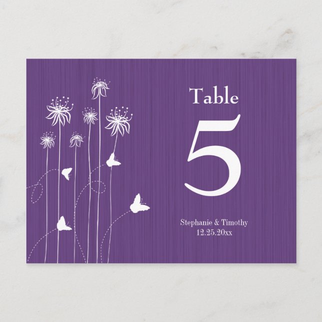 Postal Número de tabla de boda floral de mariposa morada  (Anverso)