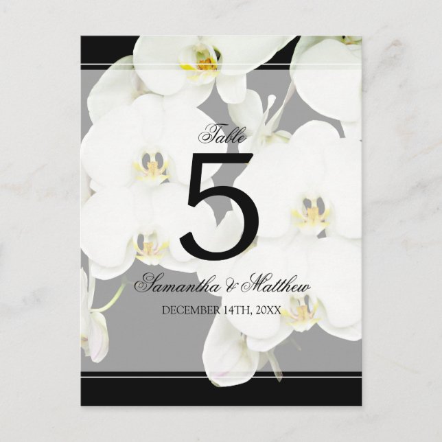 Postal Número de tabla de Bodas de orquídeas blancas y ne (Anverso)