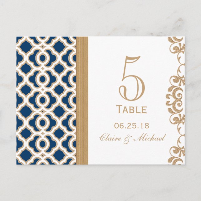 Postal Número de tabla de Bodas marroquíes azul y oro de  (Anverso)