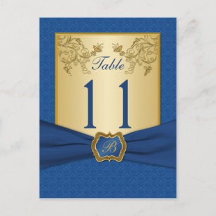 Postal Número de tabla de damasco floral azul y dorado