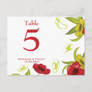 Postal Número de tabla del boda de flor de amapola rojo +