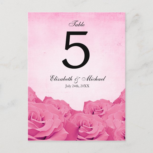 Postal Número de tabla del Boda rosa rosa de la vendimia (Anverso)