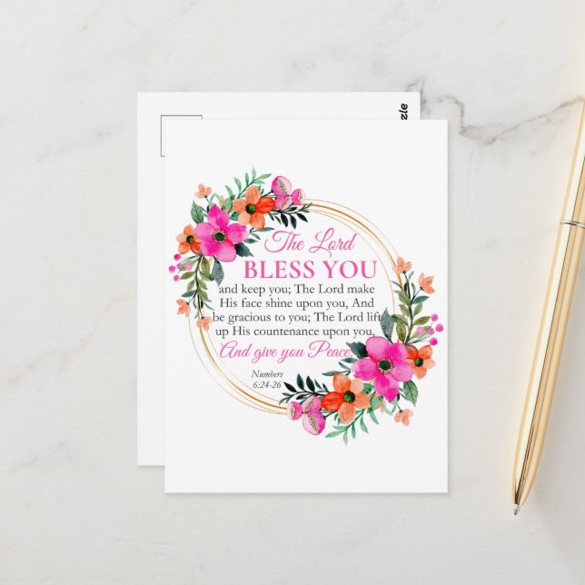 Postal Números 6:24-26 Corona floral rosa cristiana (Anverso/Reverso In Situ)