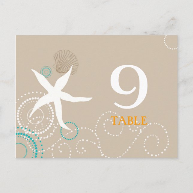 Postal Números de la mesa de bodas de Aqua Tan White Beac (Anverso)