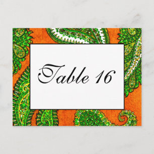 Postal Números de mesa de color naranja y verde paisley e