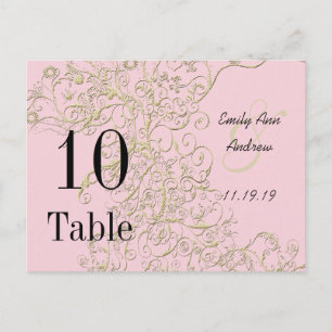 Postal Números de mesa elegantes rosa con remolinos de or