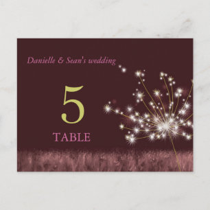 Postal Números de tabla de Boda de Dandelion Purpurina de