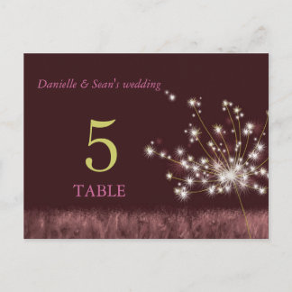 Postal Números de tabla de Boda de Dandelion Purpurina de