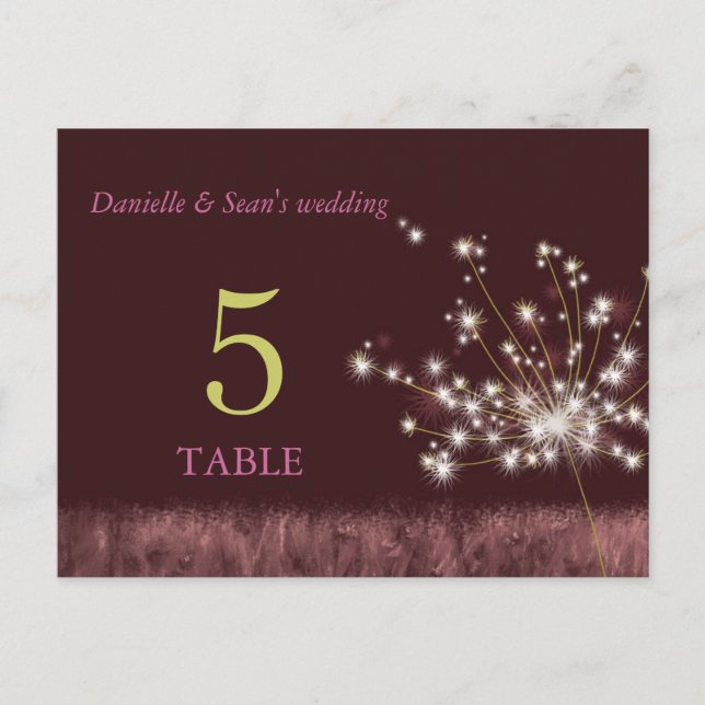 Postal Números de tabla de Boda de Dandelion Purpurina de (Anverso)