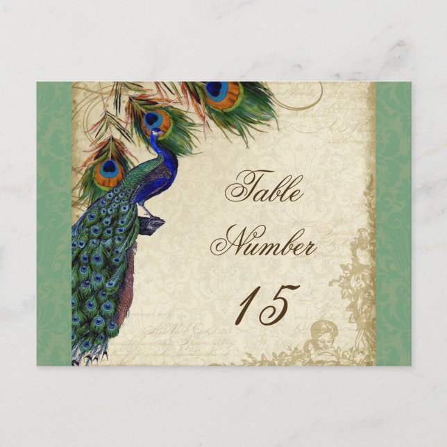 Postal Números de tabla de Bodas formales Peacock & Feath (Anverso)