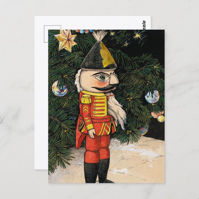 Postal Nutcracker de época bajo árbol de Navidad (Anverso / Reverso)