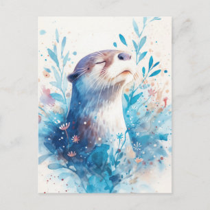Postal Nutra Azul Acuarela Nutria en Jardín