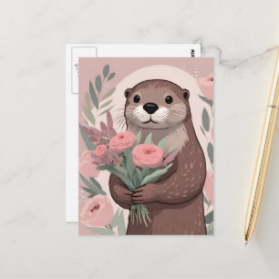 Postal Nutria Adorable Con Flores