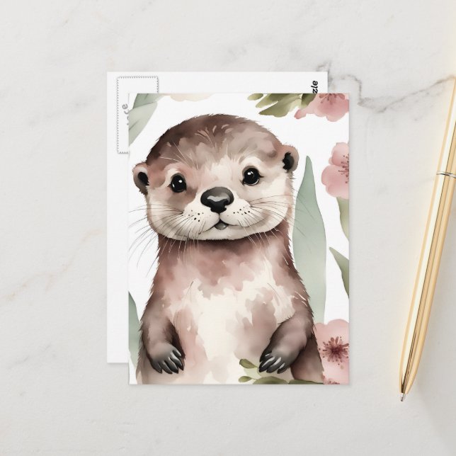 Postal Nutria Adorable Con Flores Rosas (Anverso/Reverso In Situ)