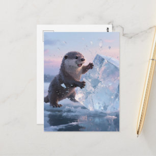 Postal Nutria adorable enojada rompiendo un bloque de hie