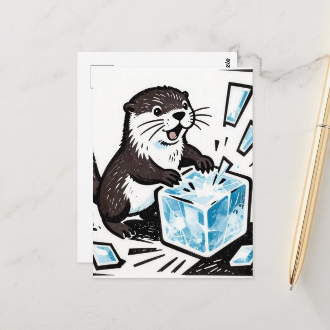 Postal Nutria adorable rompiendo un bloque de hielo  (Anverso/Reverso In Situ)