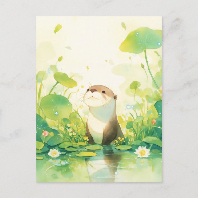 Postal Nutria Caprichosa en Estanque de Lirios Verdes (Anverso)