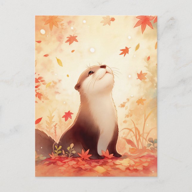 Postal Nutria Caprichosa en Hojas de Otoño (Anverso)