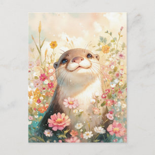 Postal Nutria Caprichosa en Soleado Prado de Flores Silve