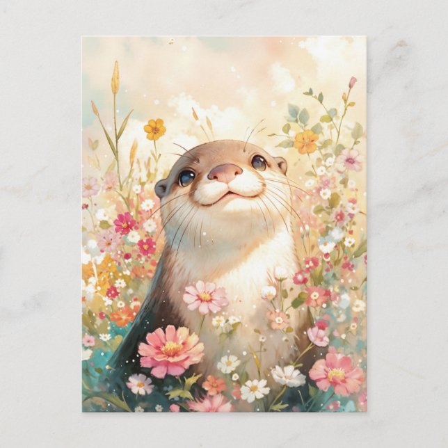 Postal Nutria Caprichosa en Soleado Prado de Flores Silve (Anverso)