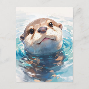 Postal Nutria Curiosa de Acuarela en Agua Azul