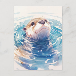 Postal Nutria Curiosa de Acuarela en Agua Azul