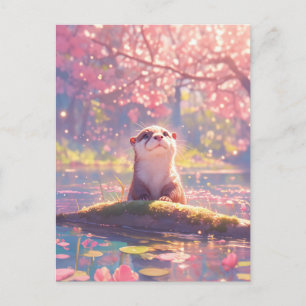 Postal Nutria Curiosa en Estanque de Flor de Cerezo Rosa