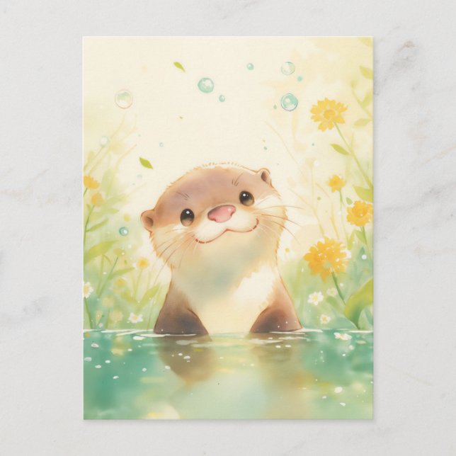 Postal Nutria Curiosa en Pradera Soleada de Primavera (Anverso)