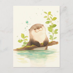 Postal Nutria de Acuarela Dulce en Rama Musgosa