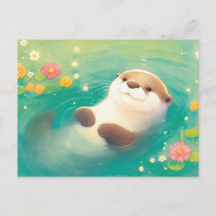 Postal Nutria de Acuarela Dulce Floral Estanque