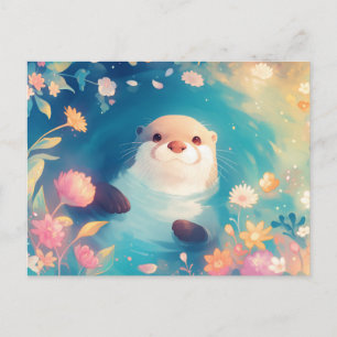 Postal Nutria de Acuarela Dulce Floral Estanque
