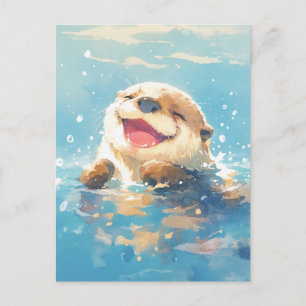 Postal Nutria de Acuarela Riéndose en Mar Azul