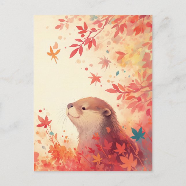 Postal Nutria de otoño en hojas de arce rojas (Anverso)