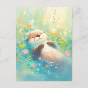 Postal Nutria dichosa flotando en estanque de lirios rosa