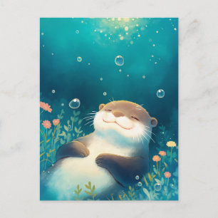 Postal Nutria dichosa flotando en soñadora agua azul