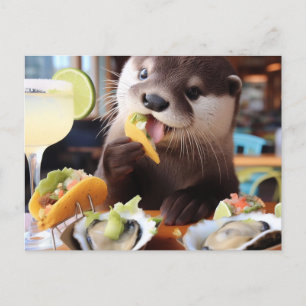 Postal Nutria divertida con tacos de ostras y margarita