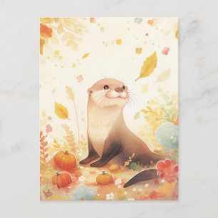 Postal Nutria Dulce en Campo de Calabaza de Otoño