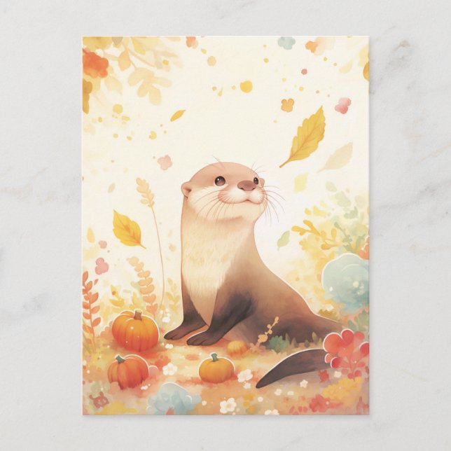 Postal Nutria Dulce en Campo de Calabaza de Otoño (Anverso)