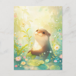 Postal Nutria Dulce en Pradera Lluviosa Soleada
