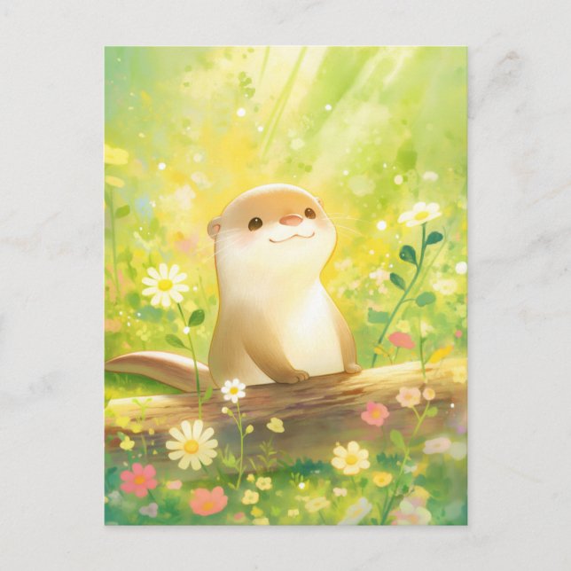 Postal Nutria Dulce en Pradera Soleada de Flores Silvestr (Anverso)