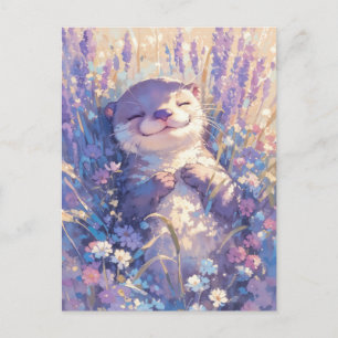 Postal Nutria Durmiente en Campo de Lavanda Púrpura
