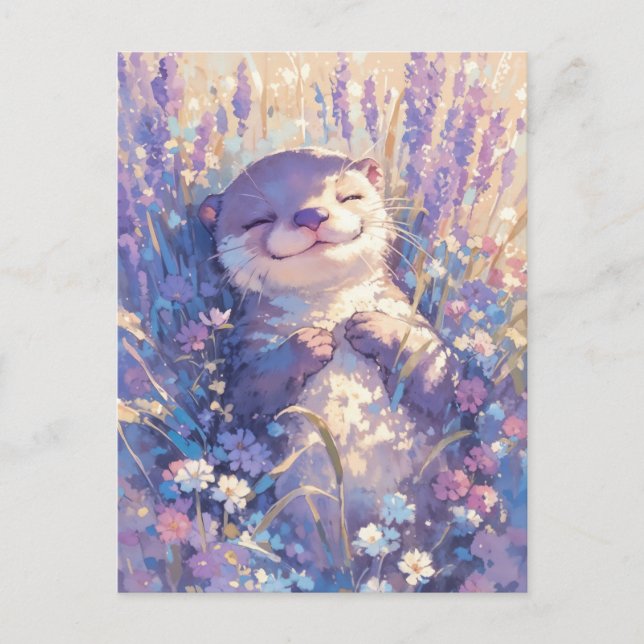 Postal Nutria Durmiente en Campo de Lavanda Púrpura (Anverso)