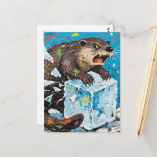 Postal Nutria enfadada rompiendo un bloque de hielo