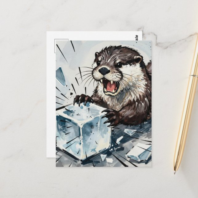Postal Nutria enfadada rompiendo un bloque de hielo (Anverso/Reverso In Situ)