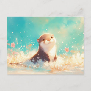 Postal Nutria Feliz Chapoteando en Mar Turquesa