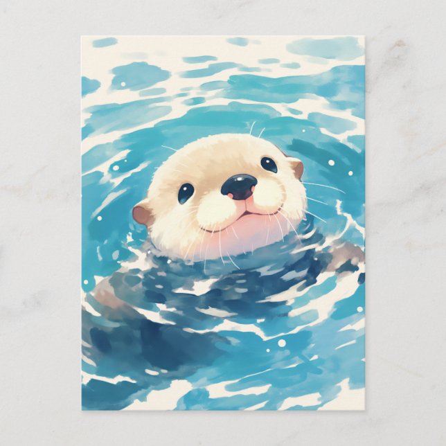 Postal Nutria Feliz de Acuarela Nadando (Anverso)