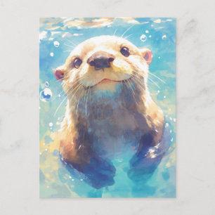 Postal Nutria Feliz de Acuarela Nadando